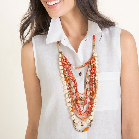 Chico's Novy Beaded Disc Warm Gold Tone Multi Strand Necklace - Picture 2 of 9